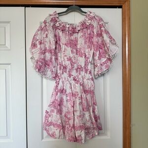 Pink and White Floral Off The Shoulder Linen Mini Dress